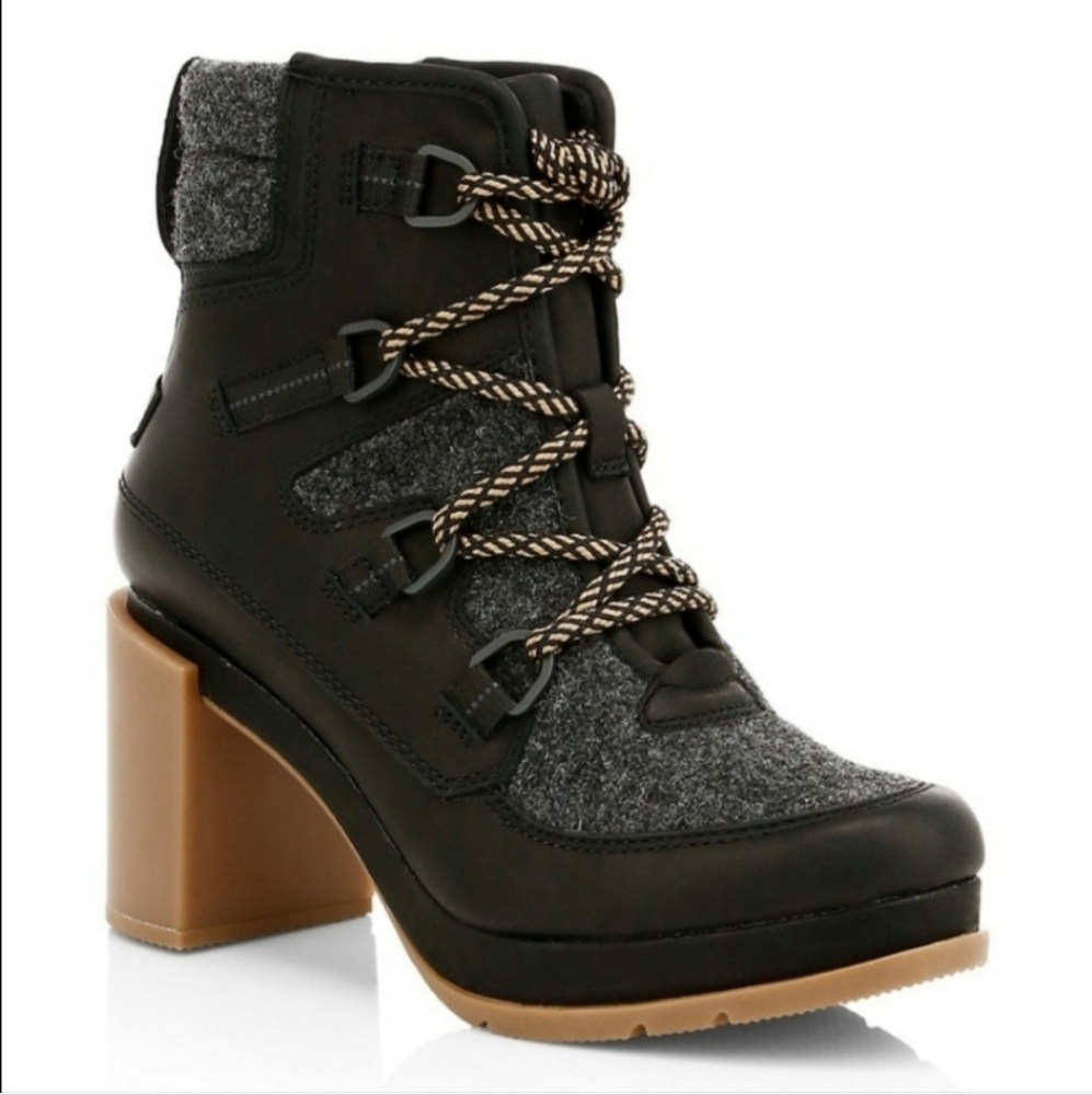 Sorel Blake Hiking Boot Lace Up Leather & Felt Block Heel Size 5 Black NWT
